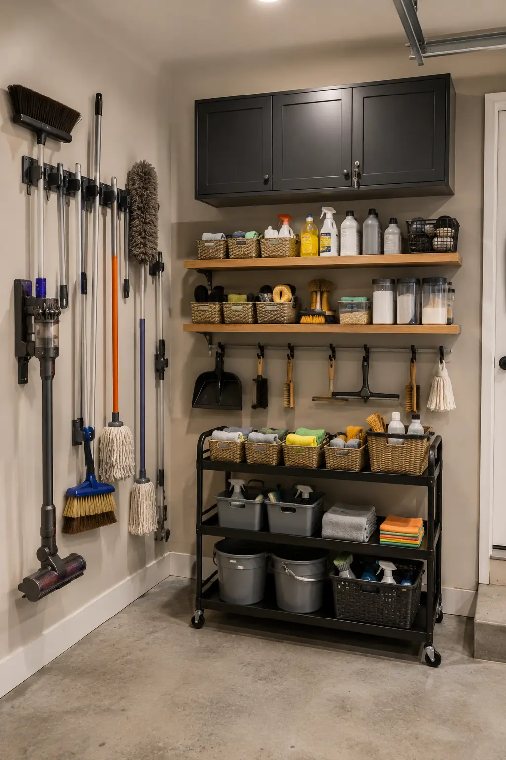 Organized garage cleaning supply station featuring wall mounted holders for brooms, mops, dusters, brushes, and a cordless vacuum. Natural wood shelves hold cleaning products, woven storage baskets, microfiber cloths, brushes, and clear containers, while a rolling utility cart provides organized storage for buckets and everyday cleaning essentials.