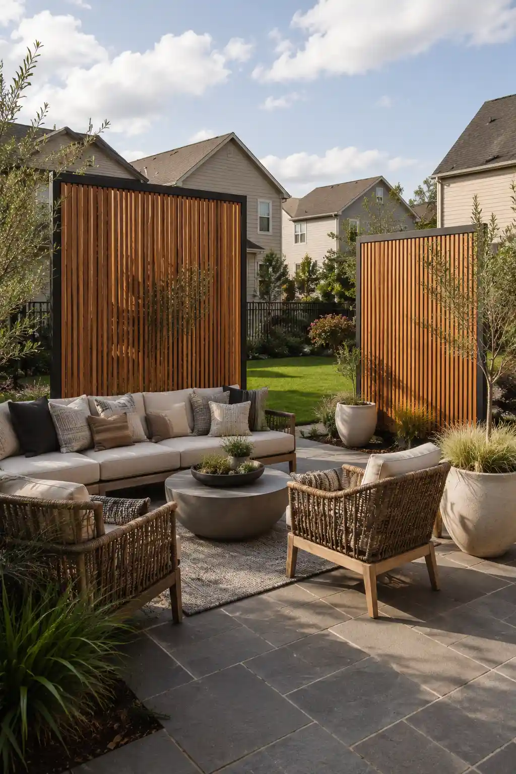 Stylish backyard lounge featuring tall freestanding cedar wood slat privacy screens with black metal frames, surrounded by large planters, ornamental grasses, modern patio furniture, and natural residential landscaping.