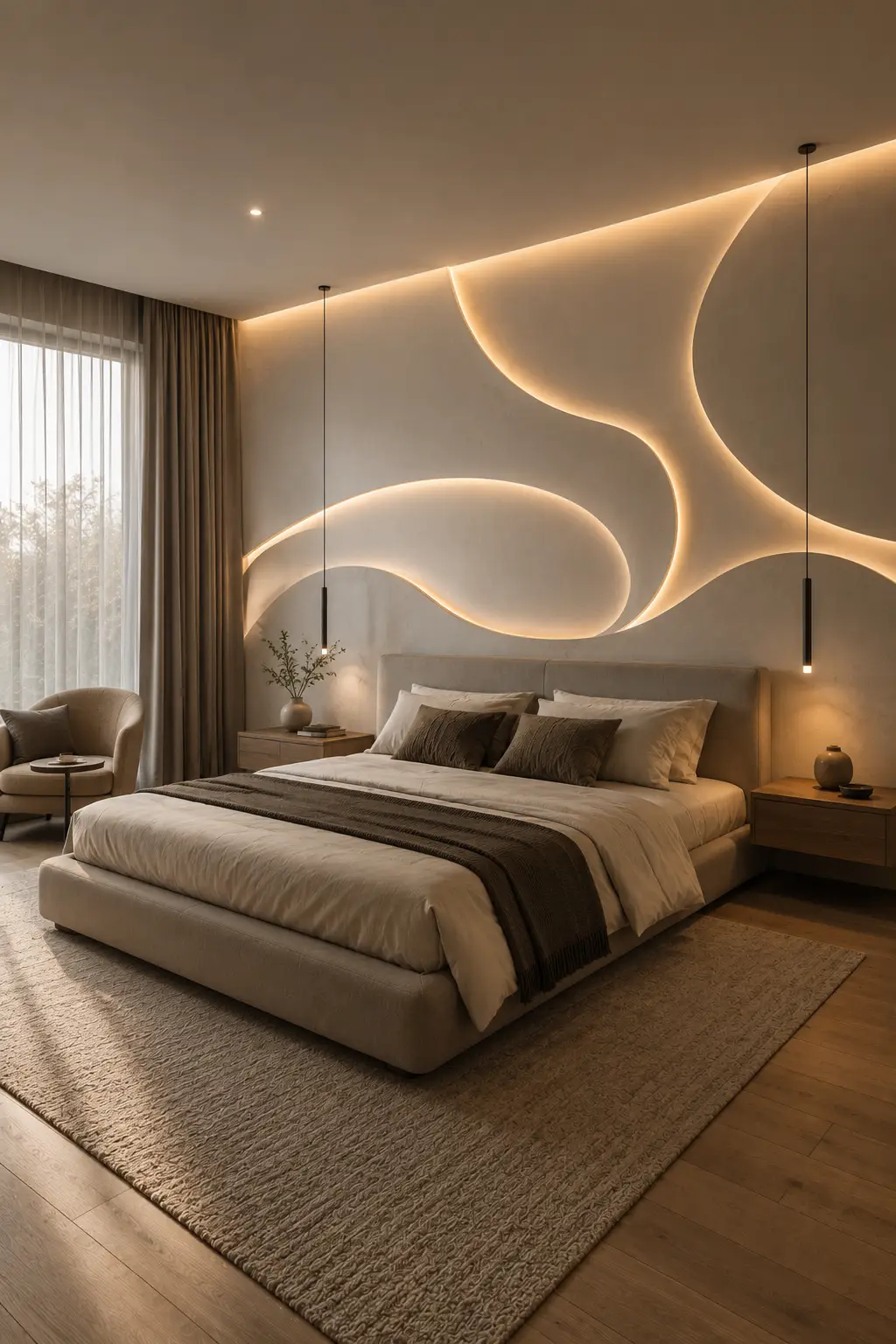Modern luxury bedroom featuring an asymmetrical LED wall sculpture above the headboard, flowing illuminated curves, warm recessed lighting, neutral upholstered furniture, layered bedding, dark wood nightstands, pendant lights, and contemporary bedroom decor.