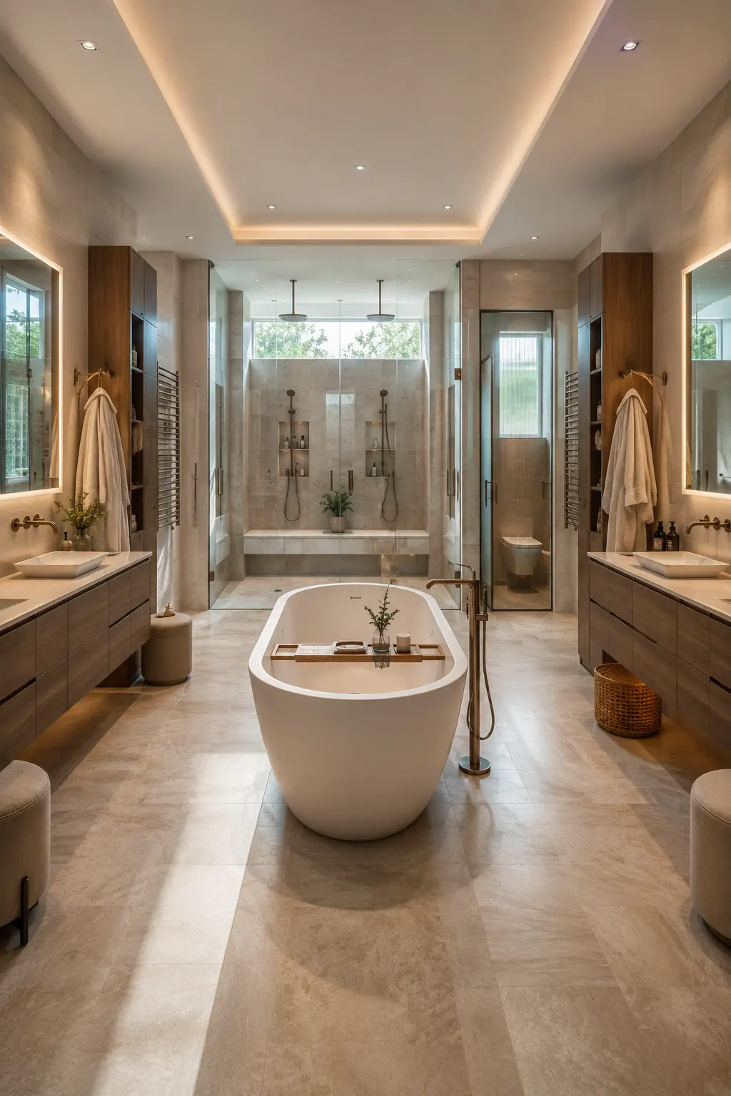 Luxury couples spa bathroom with a central freestanding soaking tub, two separate floating vanity stations, individual illuminated mirrors, spacious double rain shower, long built in shower bench, private toilet room, tall storage cabinets, heated towel rails, and elegant stone flooring.