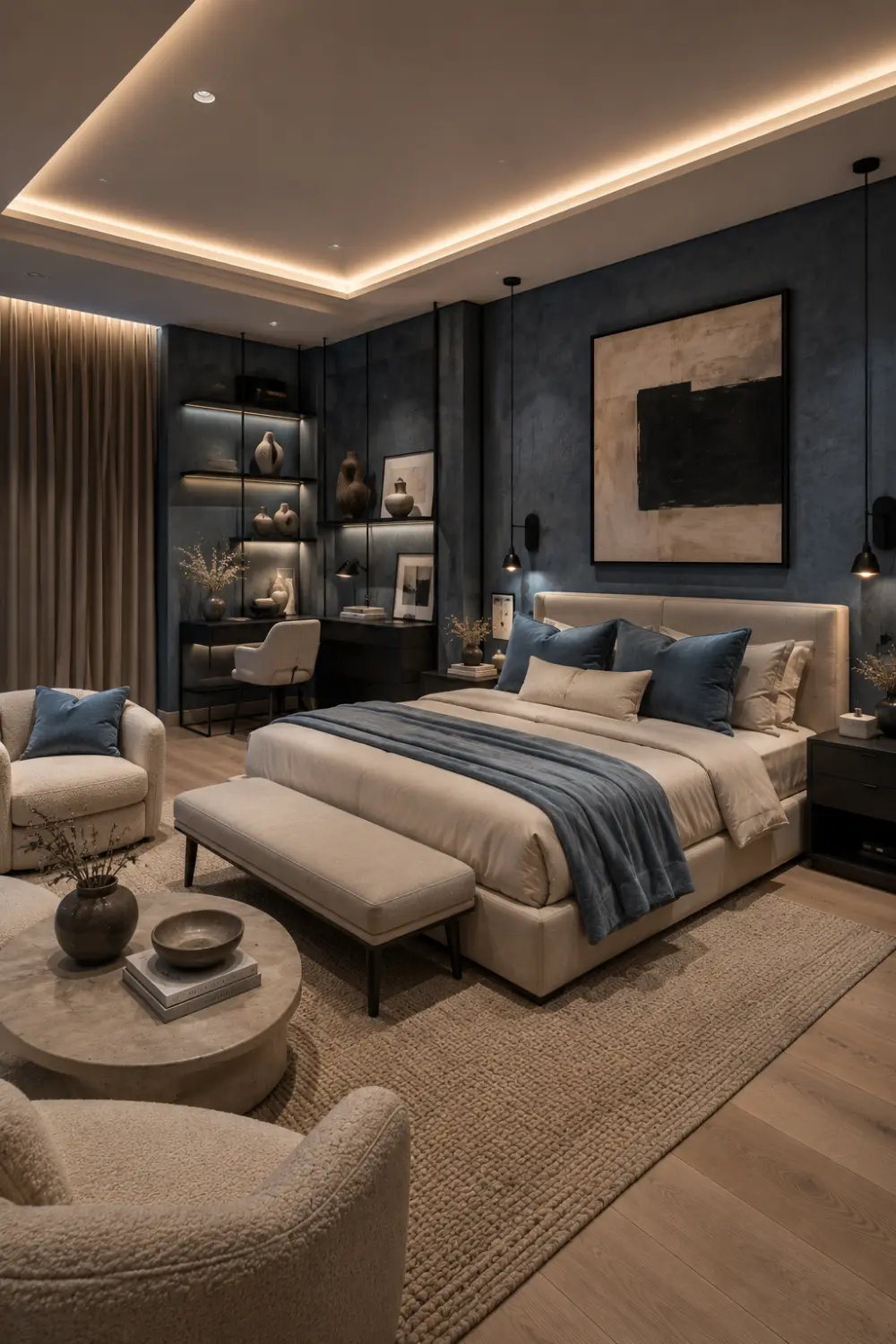 Modern dusty blue bedroom with sand beige bedding, matte black decor, neutral area rug, contemporary bedroom design, luxury minimalist interior, elegant blue bedroom ideas, cozy modern bedroom, layered bedding inspiration, designer room color combination, stylish home decor, luxury bedroom styling.