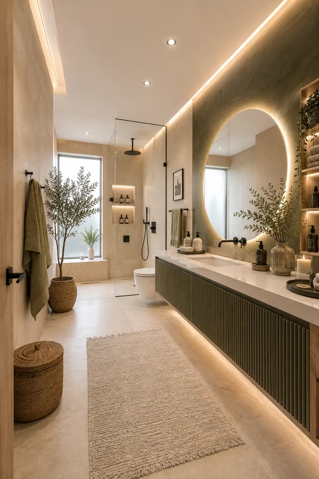 Luxury cream and wood bathroom with a floating fluted oak vanity, oversized backlit mirror, frameless walk in shower, warm LED lighting, cream porcelain walls, natural wood finishes, indoor olive tree, and stylish modern residential bathroom.