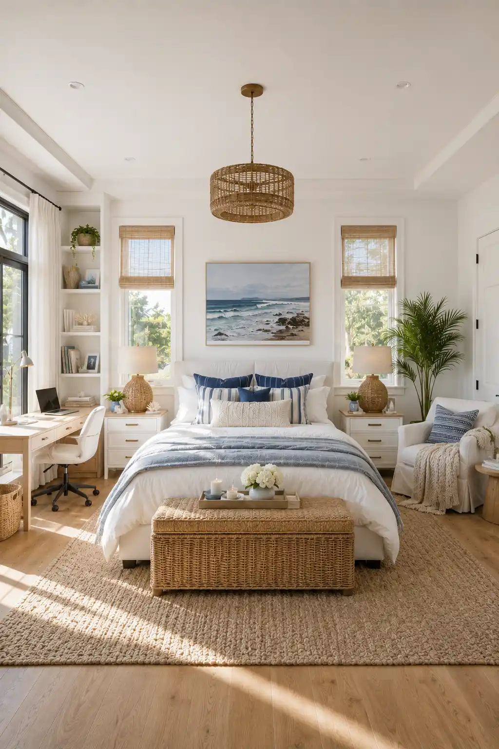 Coastal blue teen bedroom featuring white furniture, blue accent bedding, woven storage bench, rattan lighting, beach inspired wall art, natural wood flooring, bright study desk, large windows, and relaxing coastal bedroom decor.