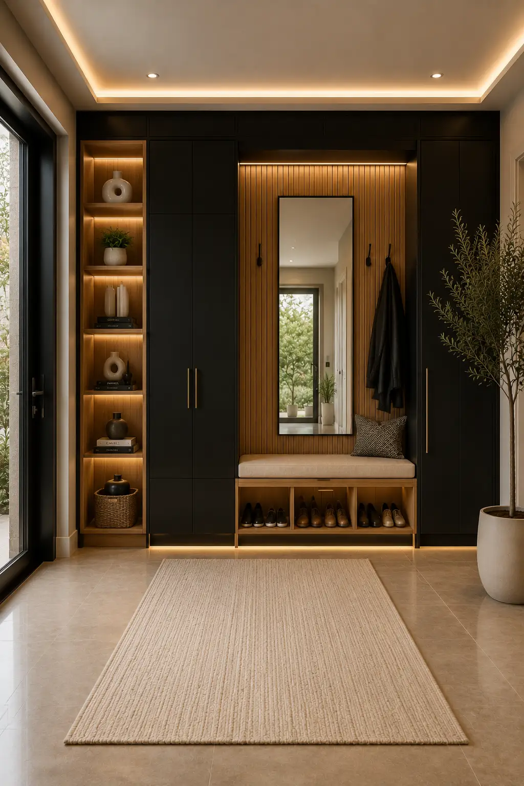 Modern matte black and oak entryway storage with full height cabinets, open shoe shelves, built in bench, oak slat accent wall, oversized mirror, LED display shelving, porcelain flooring, and luxury home organization for coats and shoes.