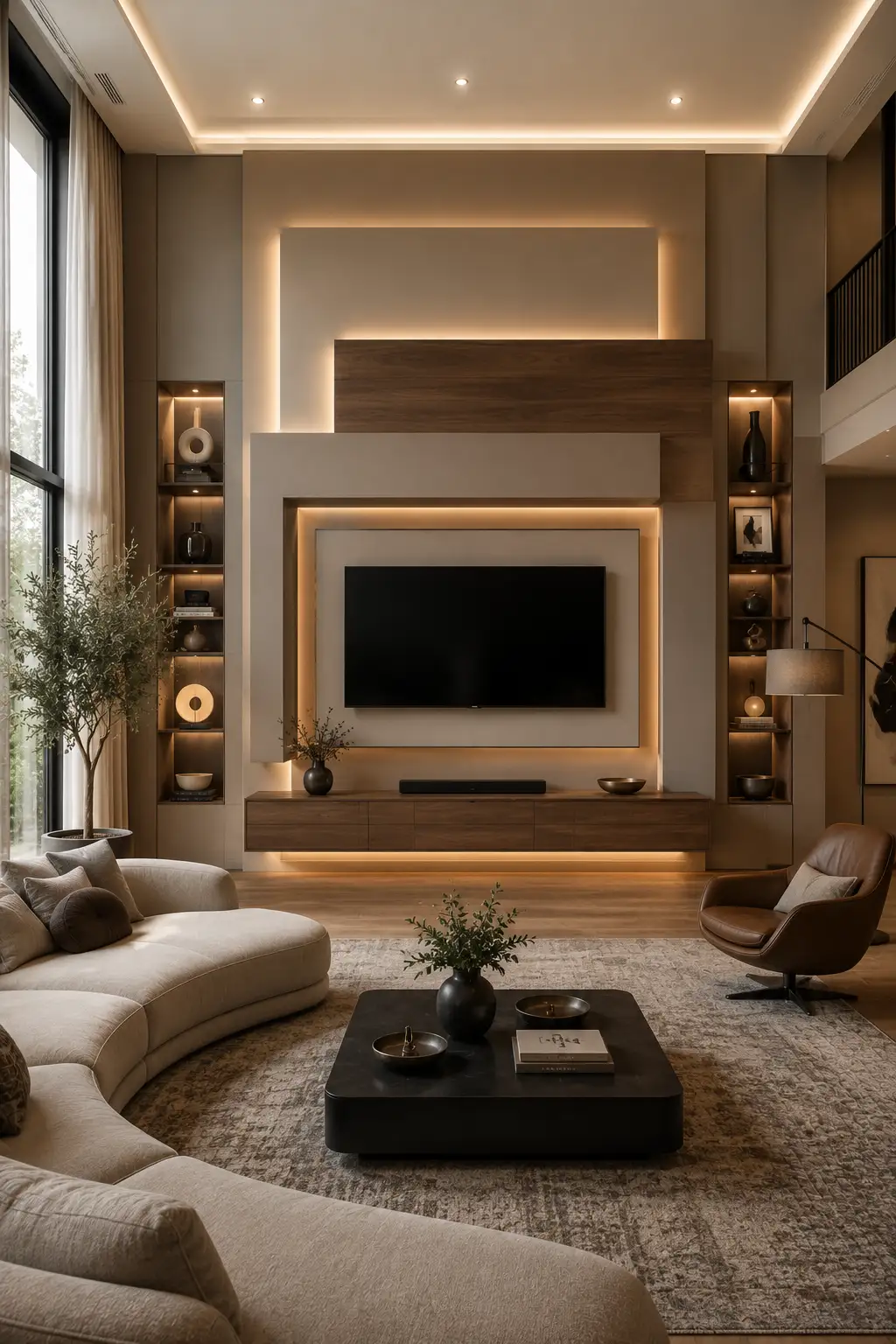 Floating layered frame TV wall with oversized architectural panels, rich walnut wood accents, hidden LED lighting, custom display niches, floating media console, and a luxury modern living room designed with premium contemporary finishes.