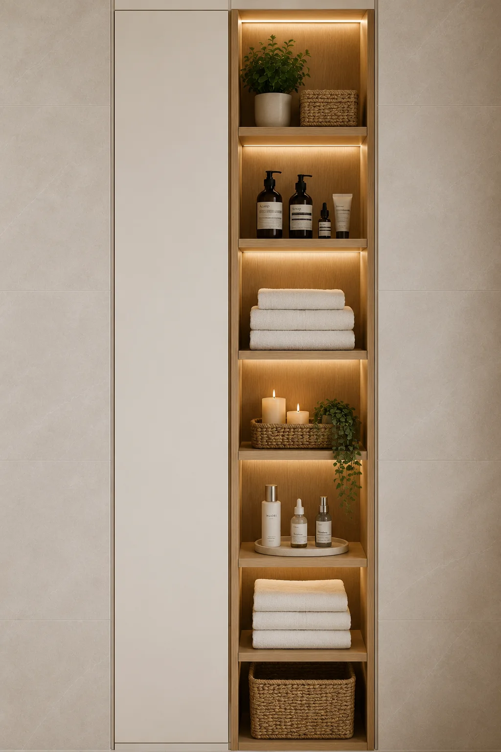 Tall vertical bathroom storage cabinet with open oak shelves, warm LED lighting, folded white towels, woven baskets, luxury skincare products, candles, indoor plants, and smart storage ideas for modern small bathrooms.