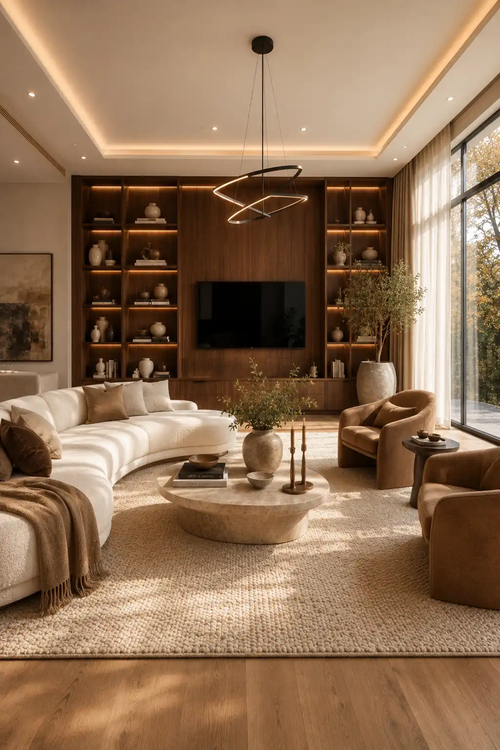 Luxury neutral fall living room with a curved cream sectional sofa, sculptural stone coffee table, camel accent chairs, illuminated walnut built in shelving, oversized windows, textured woven rug, decorative pottery, indoor olive tree, warm oak flooring, modern contemporary fall living room decor, elegant neutral home inspiration.