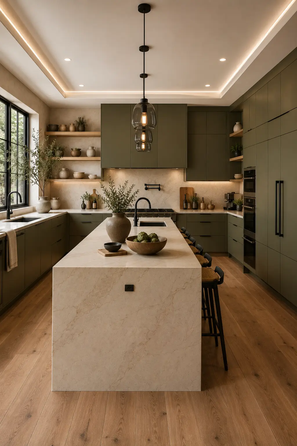 Luxury olive green and matte black kitchen with olive cabinetry, creamy quartz waterfall island, matte black fixtures, natural oak shelving, integrated appliances, hardwood flooring, oversized windows, and a contemporary designer kitchen color palette for 2026.