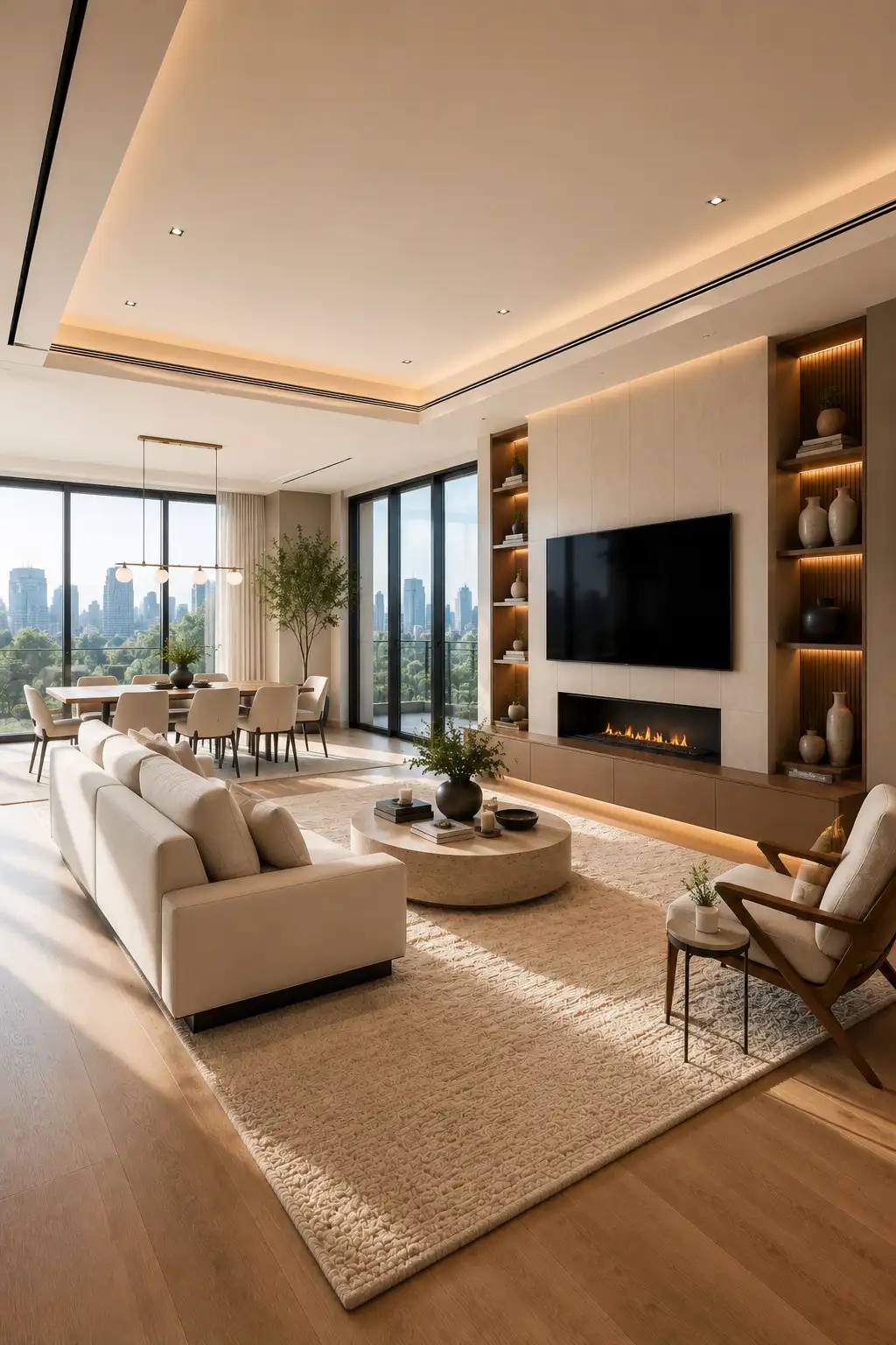 Modern living room with a sofa facing a sleek linear fireplace wall featuring a cream sofa, oversized textured rug, round stone coffee table, custom built-in media wall, warm LED lighting, open concept dining area, floor-to-ceiling windows, luxury neutral decor, and elegant contemporary interior.