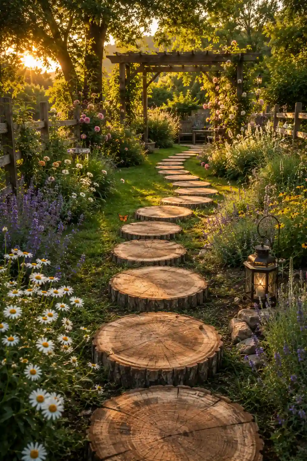 Rustic tree slice garden path surrounded by colorful wildflowers, lavender, climbing roses, mature trees, lush green grass, and charming wooden fencing, creating a cozy cottage garden walkway with natural outdoor landscaping inspiration.