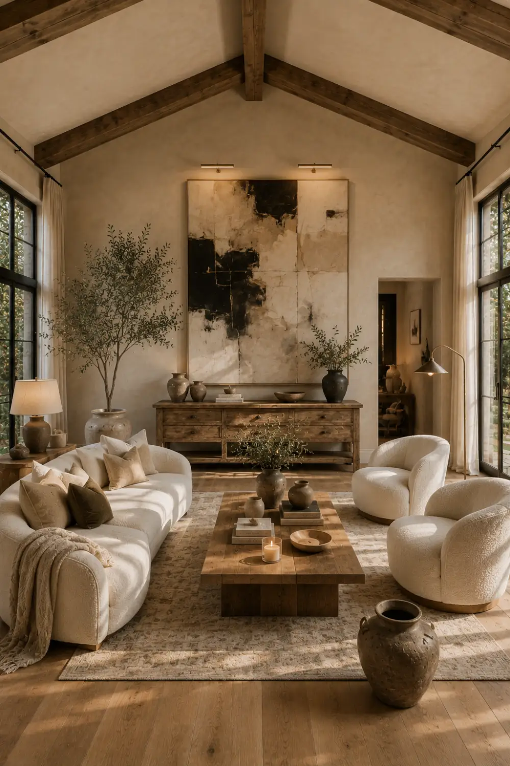 Luxury modern rustic living room featuring a vintage solid wood console table beneath oversized abstract wall art, cream curved sofa, boucle lounge chairs, reclaimed wood ceiling beams, handcrafted oak coffee table, ceramic sculptures, indoor olive tree, large black framed windows, warm hardwood flooring, and elegant neutral home décor.