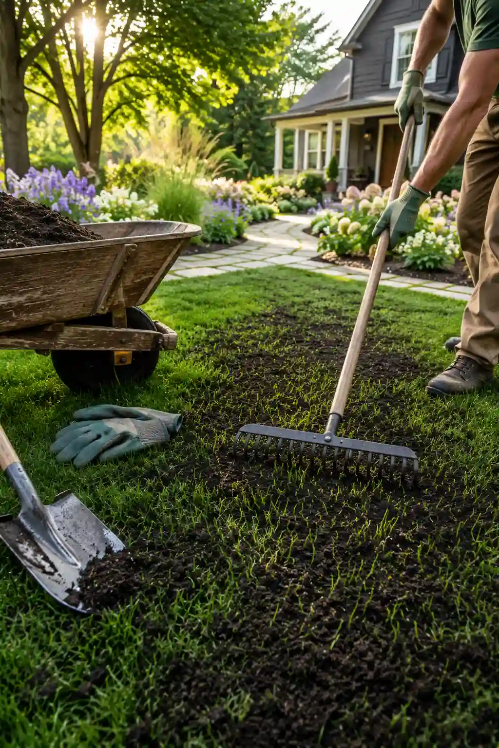 Gardener spreading nutrient rich compost evenly across a green lawn with a landscaping rake, improving soil quality, moisture retention, stronger grass roots, organic lawn care, backyard landscaping, and healthy lawn maintenance.