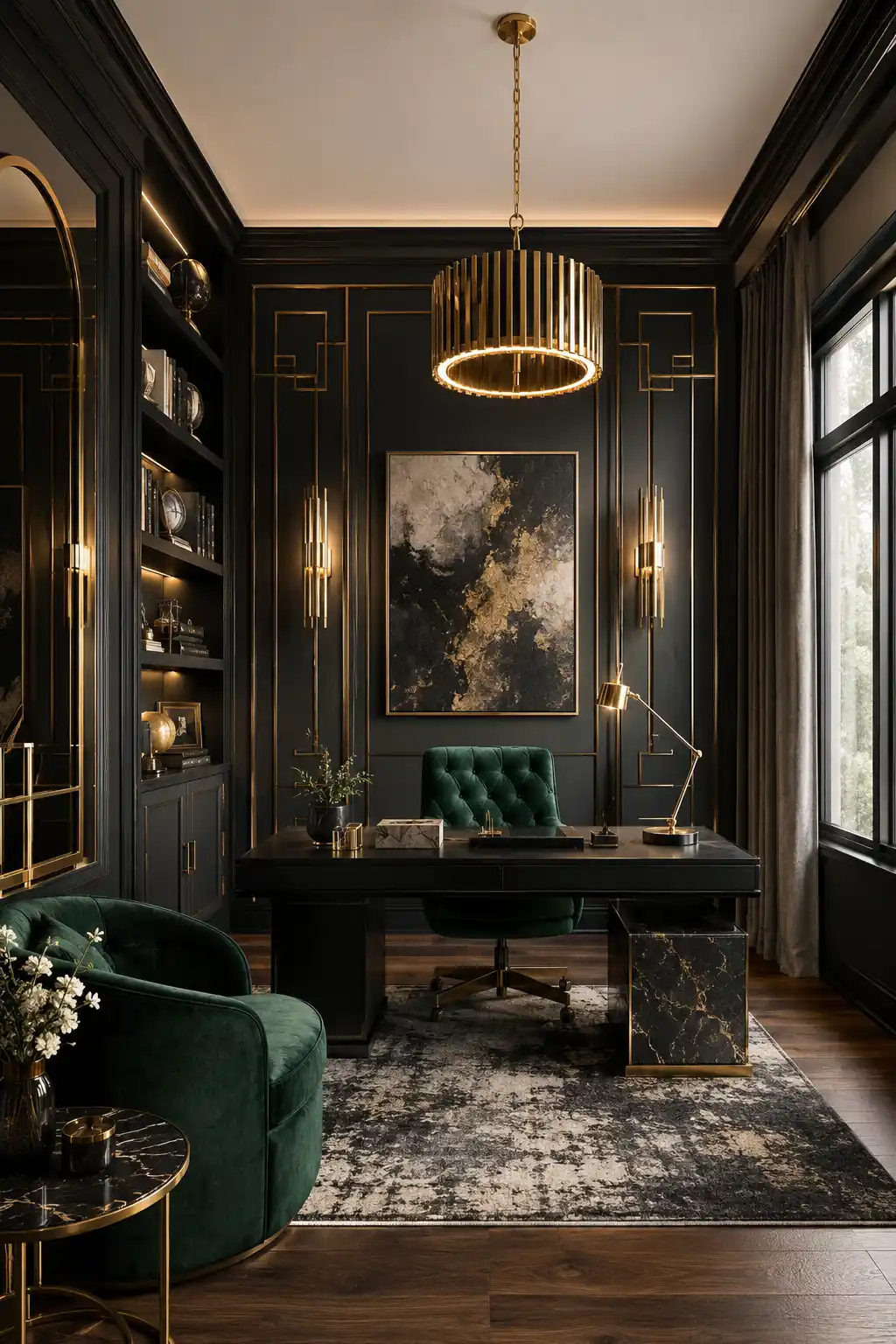 Moody executive home office with dark wall panels, walnut executive desk, leather ergonomic chair, illuminated built in shelving, brass lighting, textured rug, oversized windows, premium office décor, and a sophisticated luxury workspace.