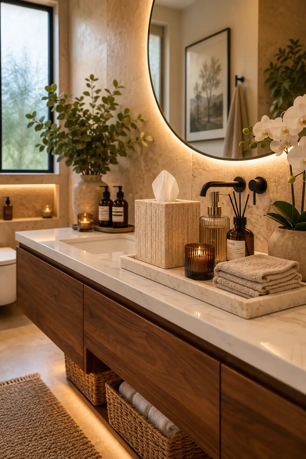 Modern guest bathroom vanity featuring a decorative travertine tissue box cover with scented candles, reed diffuser, folded towels, soap dispenser, greenery, and luxury countertop accessories for a high end bathroom look.
