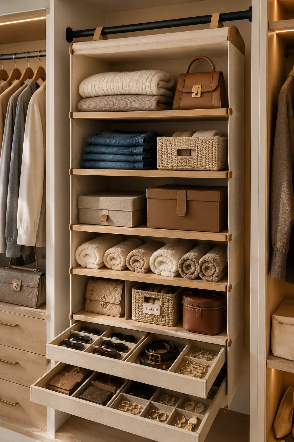 Hanging closet organizer with multiple fabric shelves storing folded sweaters, jeans, handbags, towels, storage boxes, and accessories inside a modern wardrobe, creating a neat and organized closet for a small bedroom.