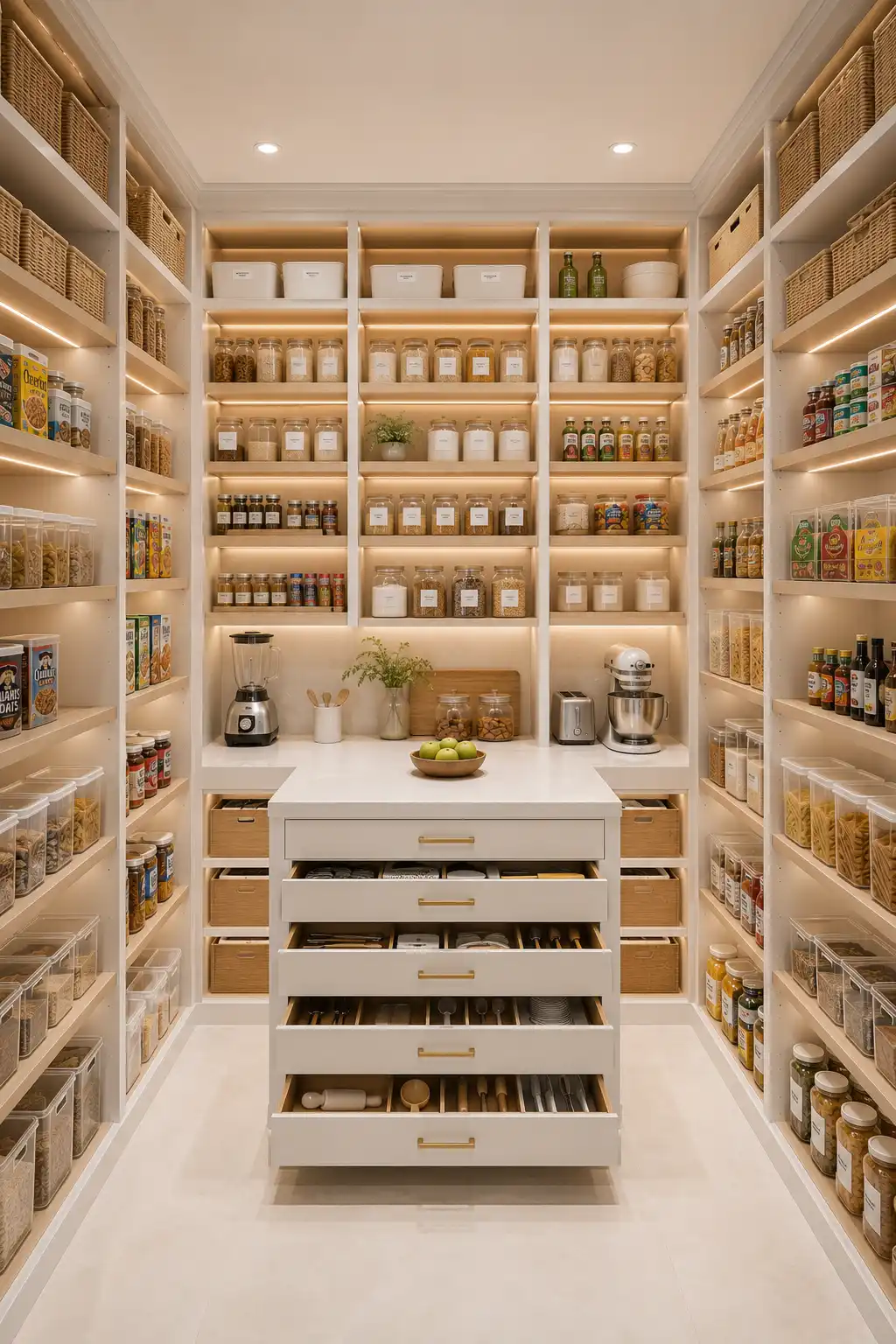 Modern pantry with premium pull out storage drawers featuring organized baking supplies, canned foods, pantry containers, kitchen accessories, natural oak drawer interiors, white cabinetry, quartz countertops, and smart pantry organization ideas for maximizing storage space.