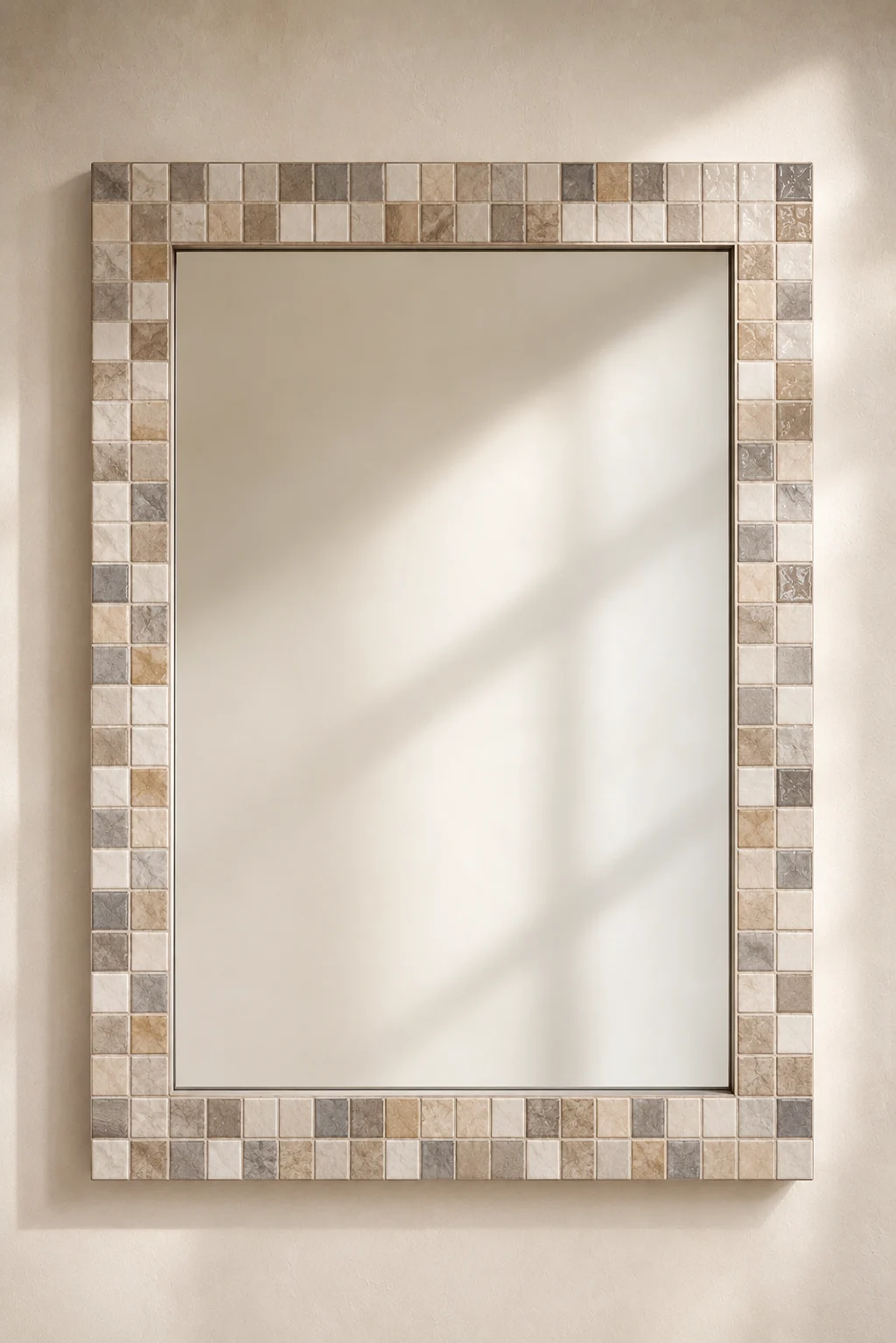 Mosaic tile mirror frame featuring a large rectangular wall mirror surrounded by handcrafted ceramic mosaic tiles in warm ivory, beige, taupe, and gray tones with clean grout lines. Mounted on a neutral wall, this DIY mirror frame is perfect for bathroom mirror makeovers, Mediterranean home décor, artistic wall mirrors, modern interiors, and creative tile DIY projects.