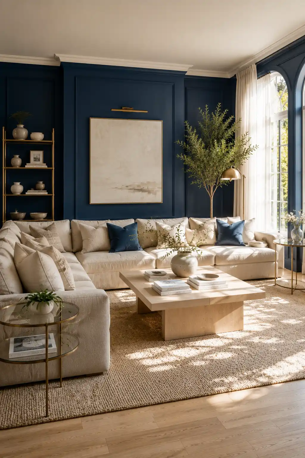 Modern deep navy and soft beige living room with rich navy paneled walls, oversized soft beige sectional sofa, light oak coffee table, glass side tables, brass shelving, textured neutral rug, navy accent pillows, oversized artwork, indoor olive tree, large windows with linen curtains, and bright natural daylight creating a timeless designer space.