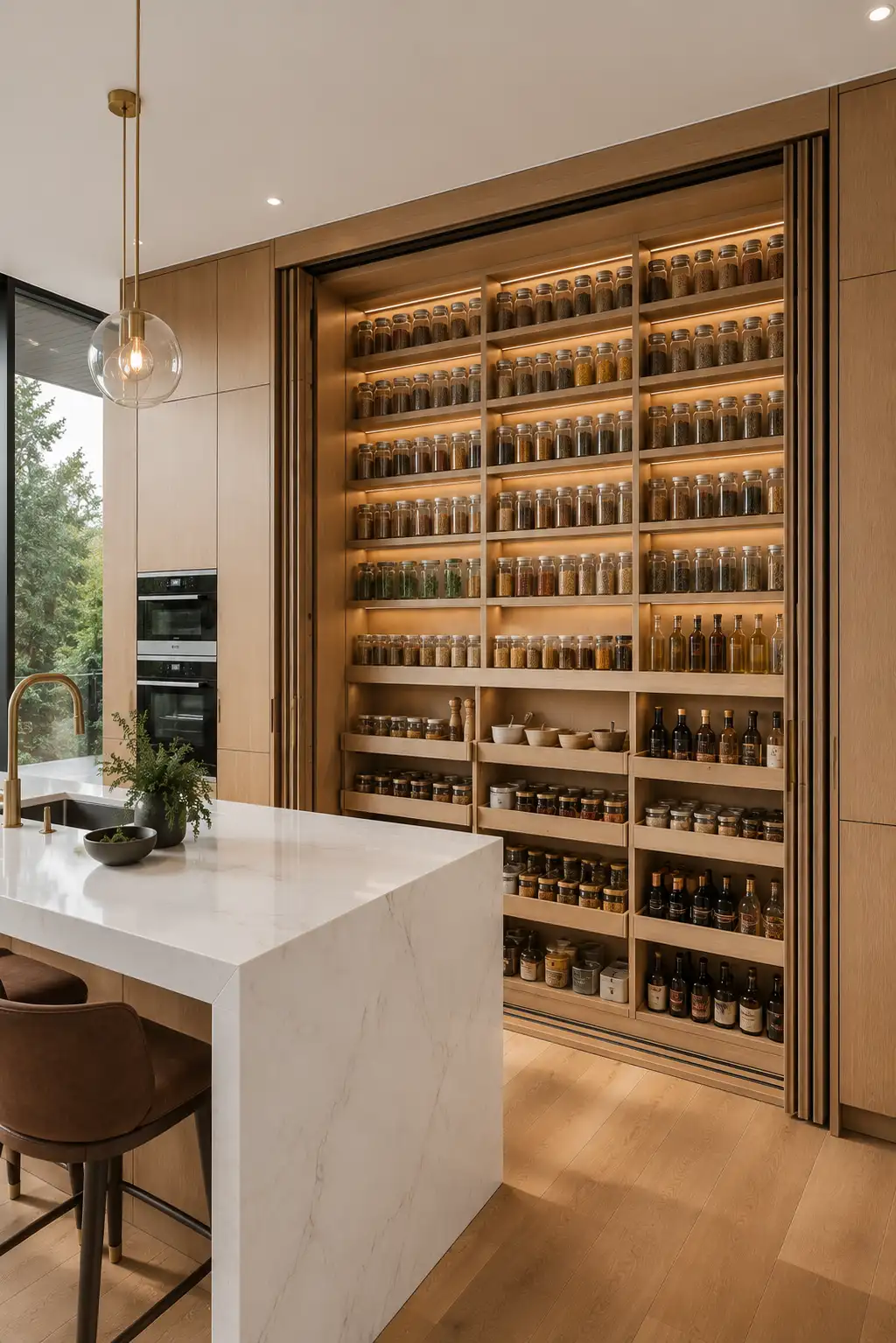 Hidden floor to ceiling spice pantry with custom shelving filled with organized glass spice jars, cooking oils, seasonings, warm LED lighting, white oak cabinetry, concealed kitchen storage, luxury pantry organization, modern hidden kitchen ideas, minimalist design, and premium custom cabinet wall.