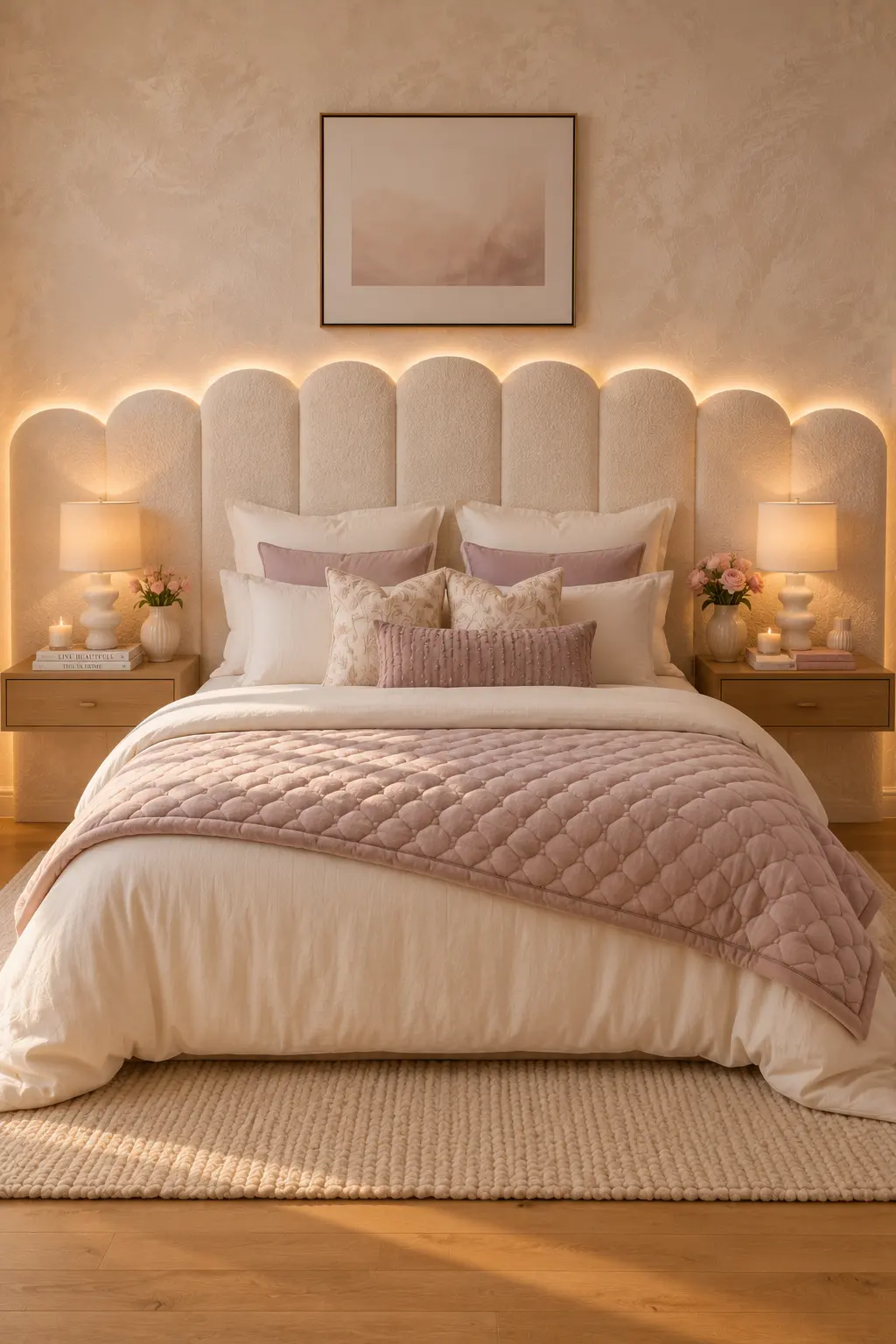 Luxury teen girl bedroom with scalloped upholstered headboard, layered neutral bedding, decorative pillows, warm LED lighting, modern bedside styling, and elegant cozy bedroom inspiration.
