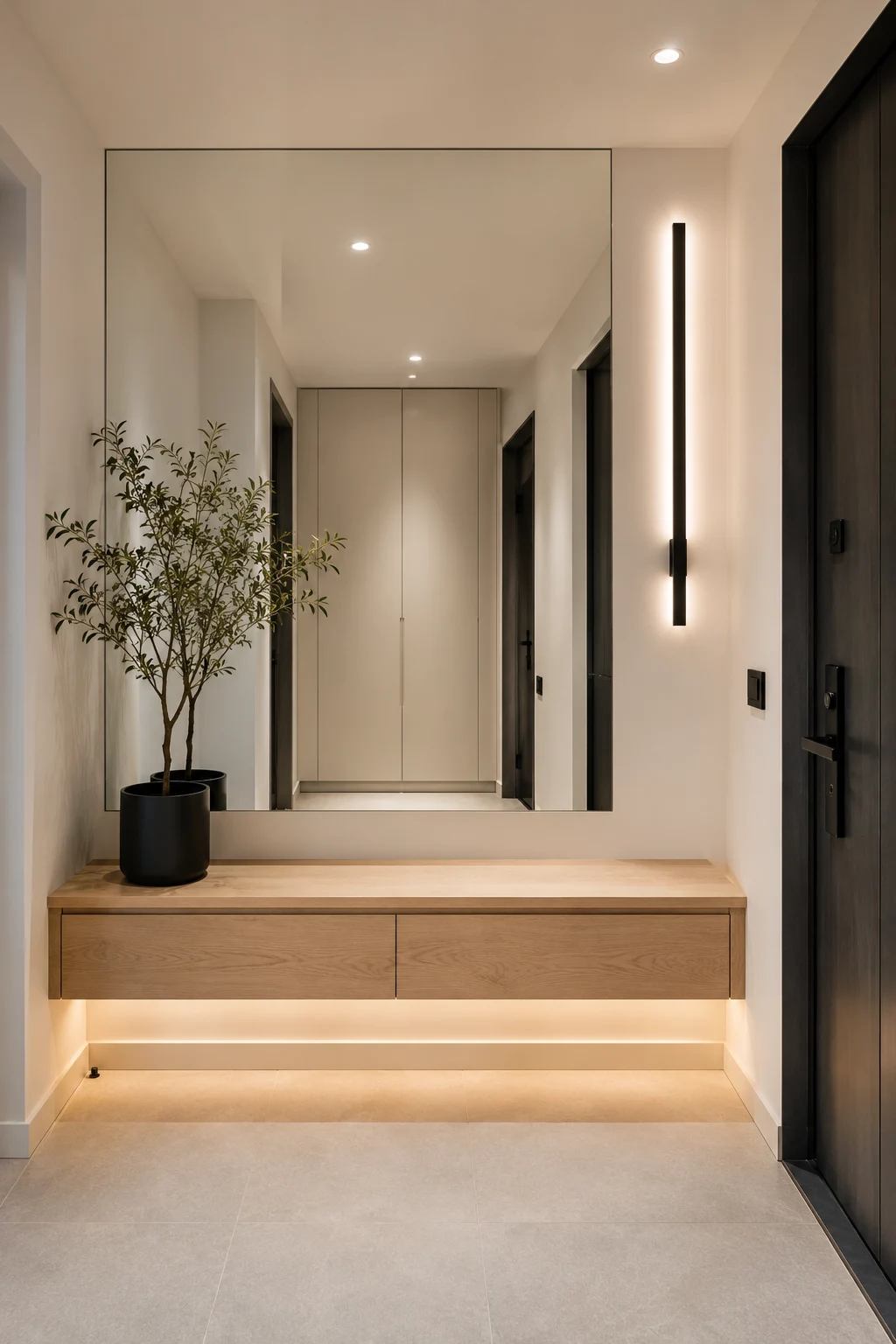 Luxury small entryway featuring a floating storage bench with hidden drawers, oversized wall mirror, warm LED underlighting, black wall sconces, porcelain flooring, and a clean modern entrance designed for stylish hidden storage.