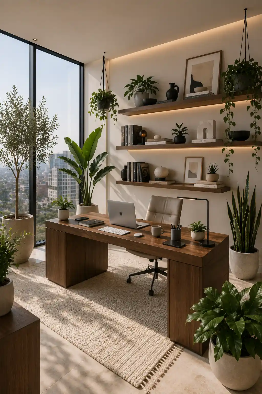 Luxury small home office ideas with wooden executive desk, floating shelves, hanging plants, large indoor plants, modern office chair, warm ambient lighting, floor to ceiling windows, nature inspired office décor, productive workspace, elegant home office inspiration.