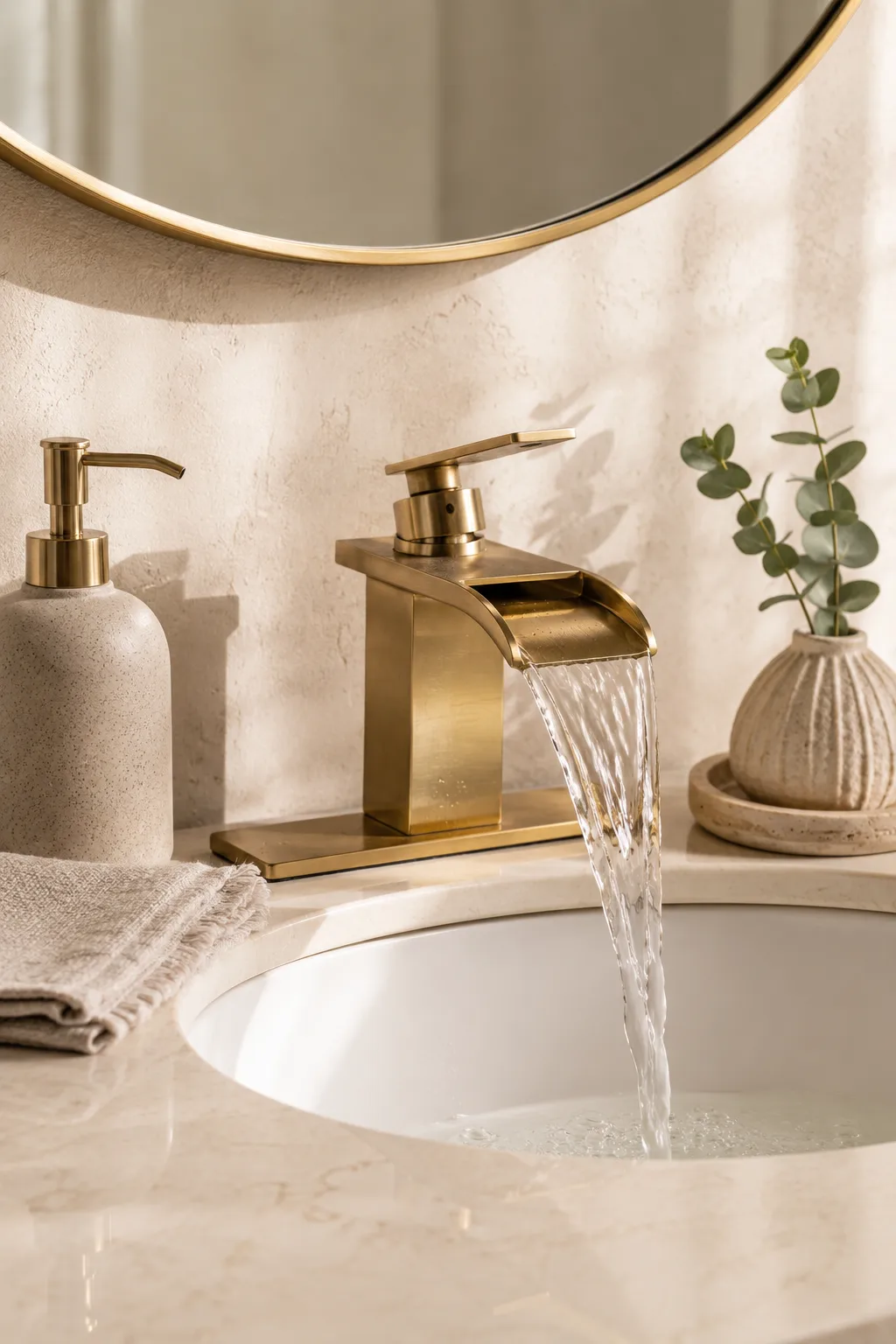Brushed gold waterfall bathroom faucet on a light stone countertop with round mirror, ceramic soap dispenser, folded linen towel, decorative vase, warm neutral bathroom styling, luxury vanity upgrade, elegant bathroom faucet ideas, budget bathroom makeover inspiration.