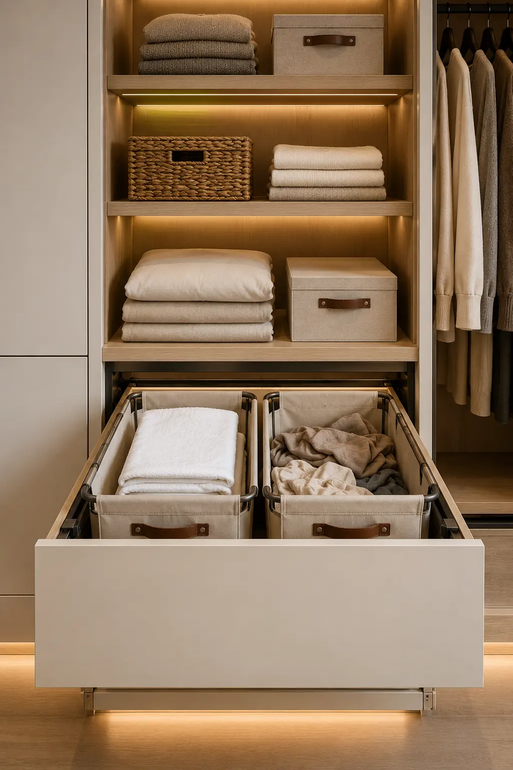 Built in pull out laundry hamper drawer inside a luxury custom closet featuring concealed fabric bins, premium wood cabinetry, soft close hardware, organized laundry storage, warm LED lighting, hidden hamper system, and practical small closet organization ideas for a clutter free wardrobe.