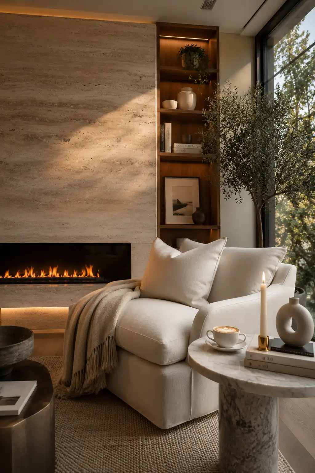 Cozy fireplace reading chair with plush cream armchair, marble side table, modern stone fireplace, soft throw blanket, warm lighting, indoor olive tree, and elegant luxury reading nook inspiration.