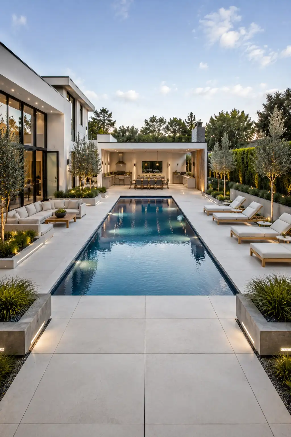 Elegant geometric lap pool surrounded by oversized porcelain pavers, premium lounge chairs, modern outdoor kitchen, landscaped garden beds, contemporary white home, architectural lighting, and luxury backyard design with clean symmetrical lines.