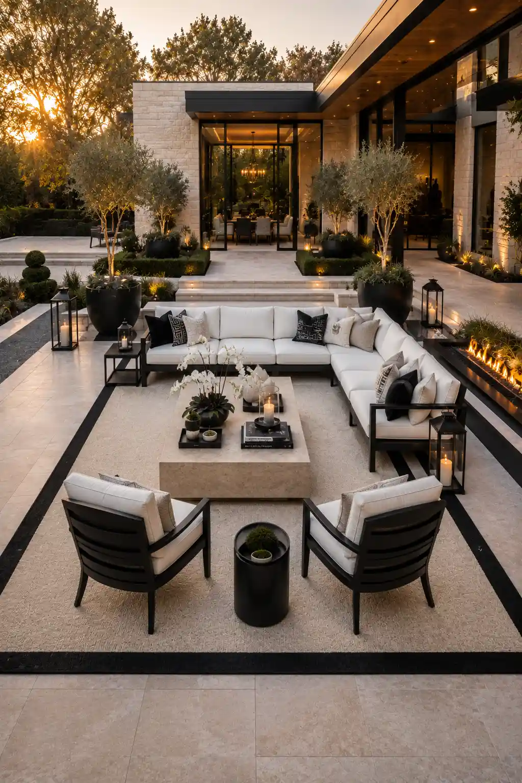 Luxury modern patio featuring a cream outdoor rug with a bold black border beneath a white sectional sofa, black aluminum lounge chairs, natural stone coffee table, decorative lanterns, sleek fire feature, oversized black planters, olive trees, contemporary architecture, and an elegant outdoor entertaining area.