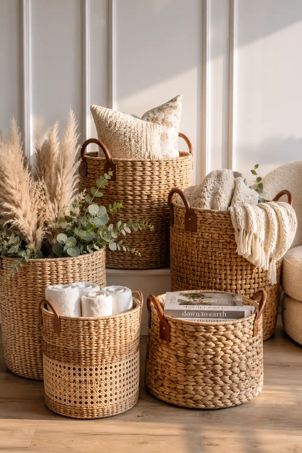 Handwoven natural storage baskets filled with folded linen blankets, knit throws, decorative pillows, and eucalyptus branches placed beside a cream boucle chair on light oak flooring for stylish spring home organization and decor.
