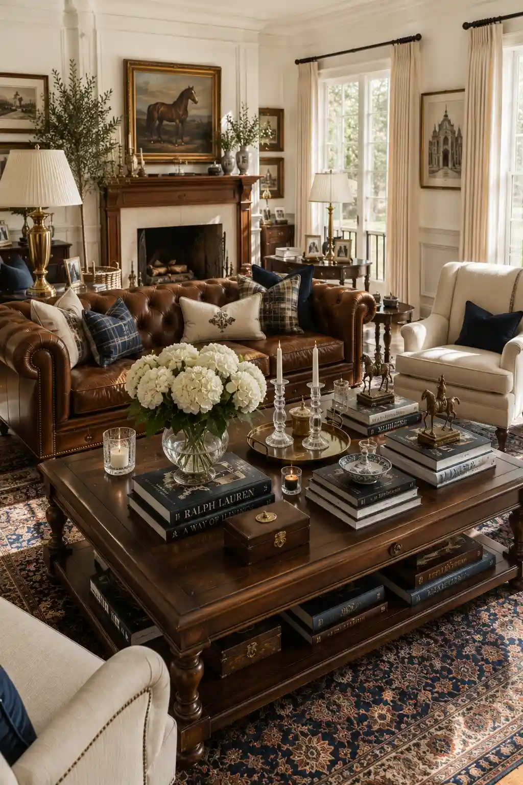 Timeless Ralph Lauren living room featuring a walnut coffee table styled with luxury books, crystal candle holders, brass tray, fresh white hydrangeas, cognac leather Chesterfield sofa, cream armchairs, Persian area rug, fireplace, equestrian artwork, classic traditional furniture, and elegant layered home decor.