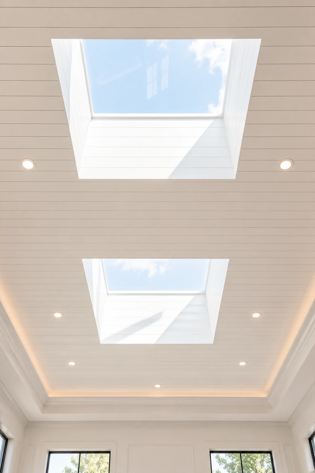 White shiplap tray ceiling with large modern skylights, recessed LED lights, hidden cove lighting, bright natural daylight streaming through ceiling windows, luxury contemporary ceiling design, elegant architectural detail, premium white wood ceiling planks, modern home skylight inspiration, timeless shiplap ceiling ideas with natural light