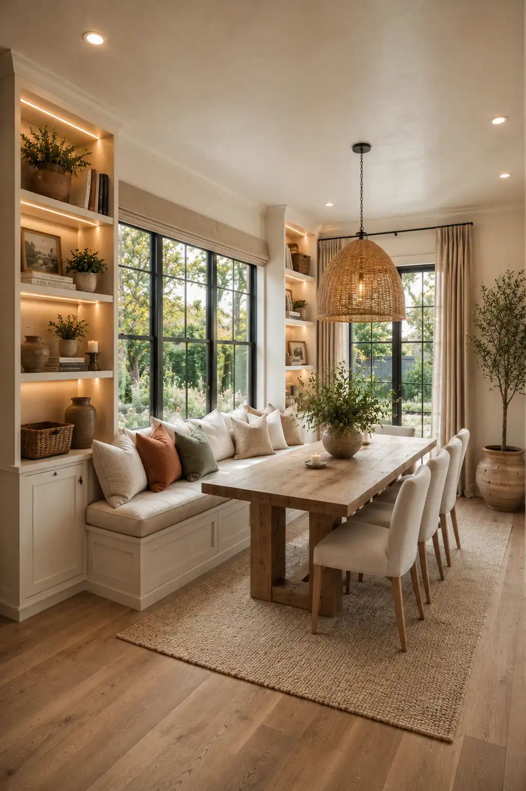 Built in banquette seating with custom shelving, hidden storage drawers, white shaker cabinetry, round oak dining table, woven pendant light, LED display shelves, cozy dining nook, elegant breakfast nook ideas, built in bench seating inspiration, dining room storage solutions.
