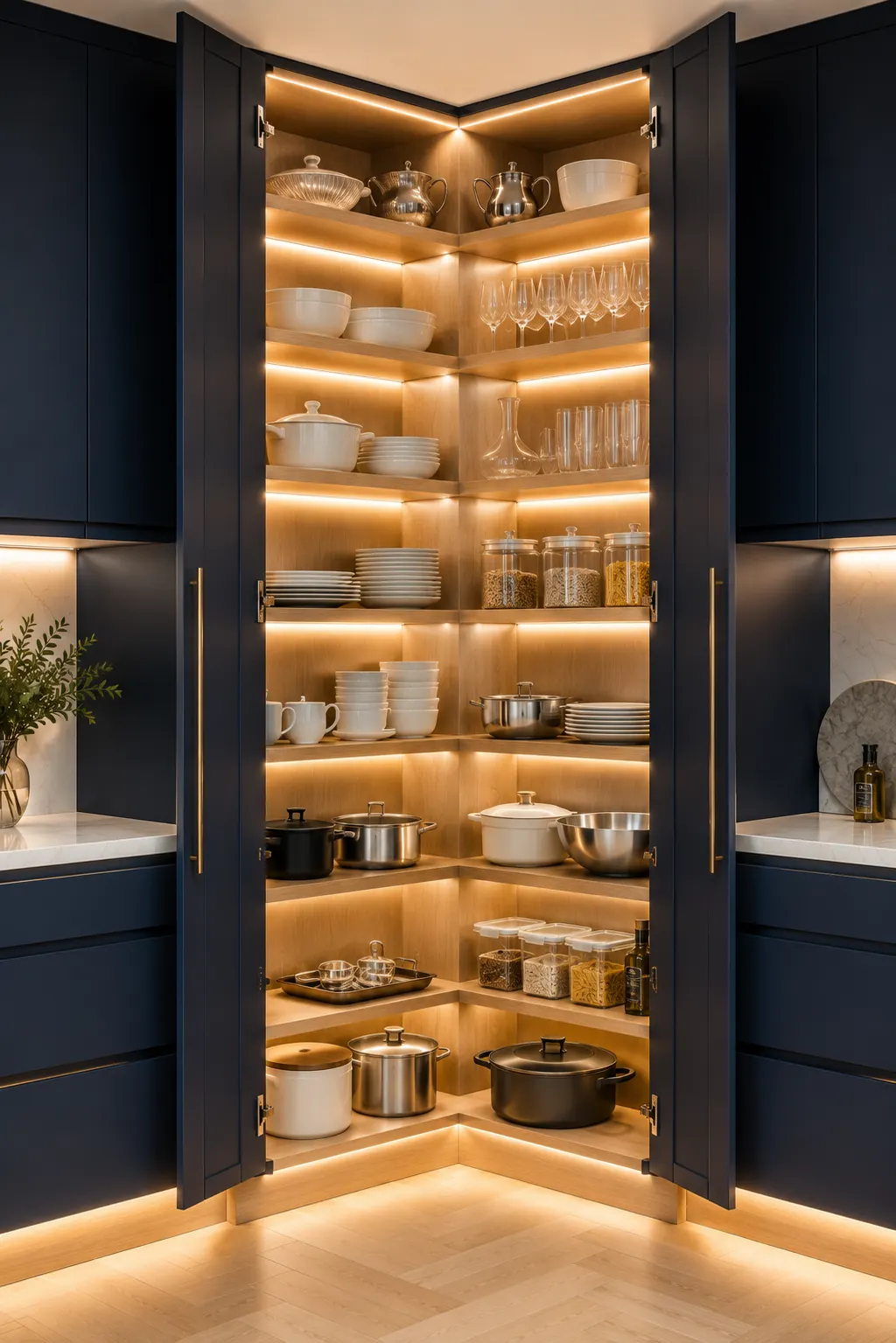Premium full height kitchen corner cabinet with floor to ceiling storage, open illuminated shelves, cookware, serving dishes, pantry items, decorative accessories, and warm integrated LED lighting. Luxury navy cabinetry with natural wood interiors designed to maximize vertical kitchen corner storage.