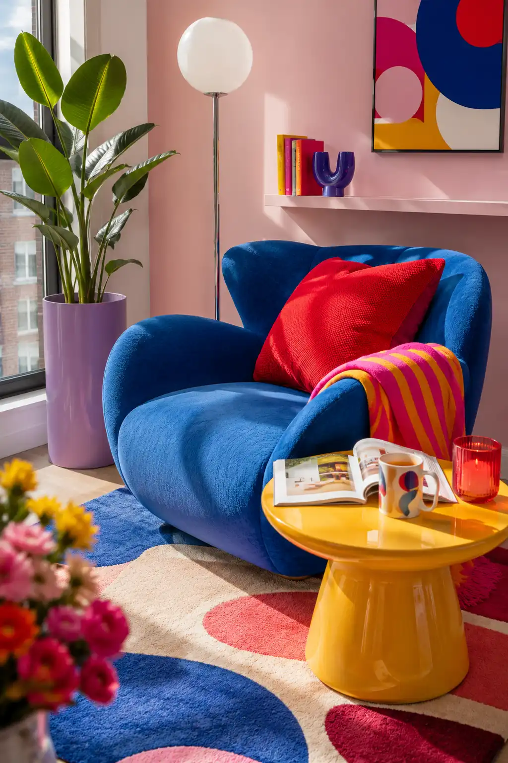 Bright modern reading corner featuring a curved cobalt blue lounge chair, bold red cushion, pink and orange striped throw, glossy yellow side table, globe floor lamp, colorful geometric rug, and large indoor plant by a sunny window.