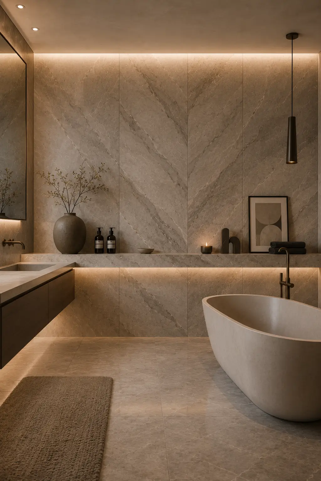 Contemporary luxury bathroom featuring a continuous stone ledge shelf across a marble feature wall, styled with a sculptural vase, candles, framed artwork, folded towels, and premium bath products.