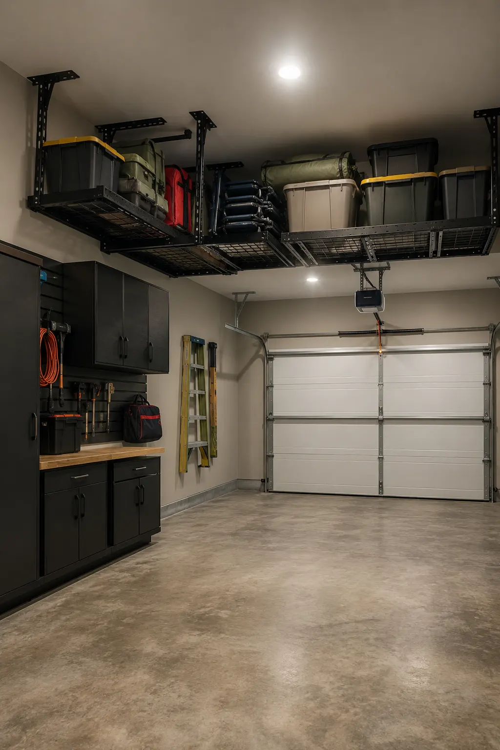 Modern residential garage with heavy duty ceiling mounted storage racks holding large storage bins, camping gear, folding chairs, and seasonal equipment. The overhead garage storage system keeps bulky items safely above the floor while leaving plenty of open space for parking, movement, and everyday garage activities.