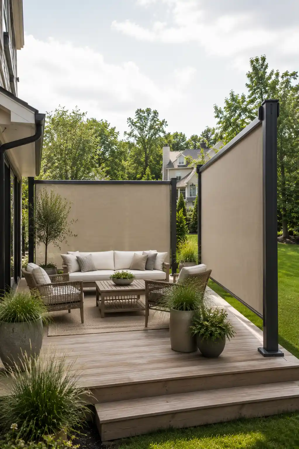 Modern backyard deck with large retractable outdoor privacy screens in neutral fabric, creating a secluded seating area with a comfortable sofa, woven chairs, wood decking, and decorative garden planters.