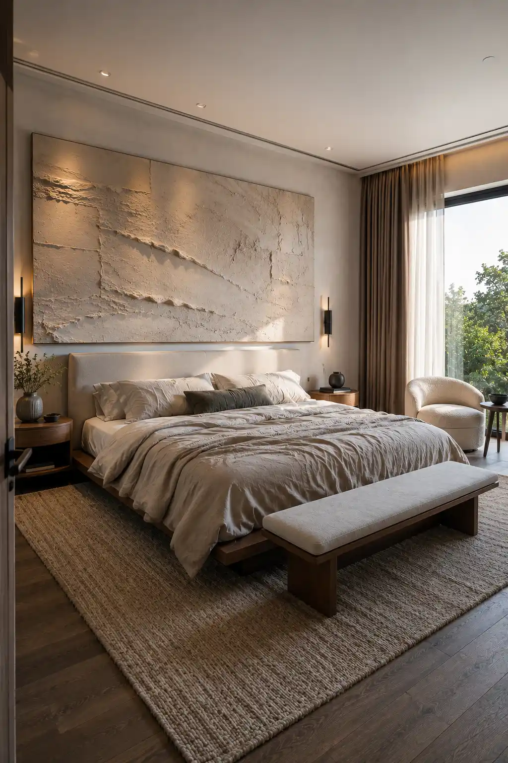 Sophisticated modern bedroom with an oversized textured canvas above the upholstered headboard, handcrafted plaster details, raised neutral surfaces, soft wall lighting, layered linen bedding, warm wood furniture, a textured rug, and contemporary bedroom styling.