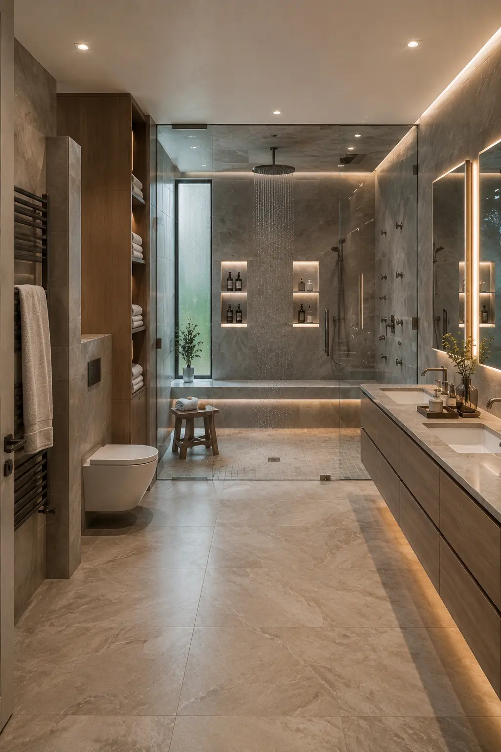 Luxury shower focused spa bathroom featuring an oversized glass walk in shower with ceiling rain shower, body jets, handheld shower, long built in bench, illuminated recessed niches, floating double vanity, wall hung toilet, towel storage, and soft under vanity lighting.
