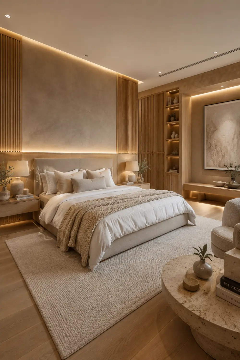 Luxury warm beige bedroom featuring soft ivory bedding, honey oak furniture, cozy neutral decor, Scandinavian bedroom inspiration, modern organic interior, layered bedding, textured rug, elegant minimalist bedroom, warm bedroom color palette, luxury home styling, timeless bedroom design ideas.