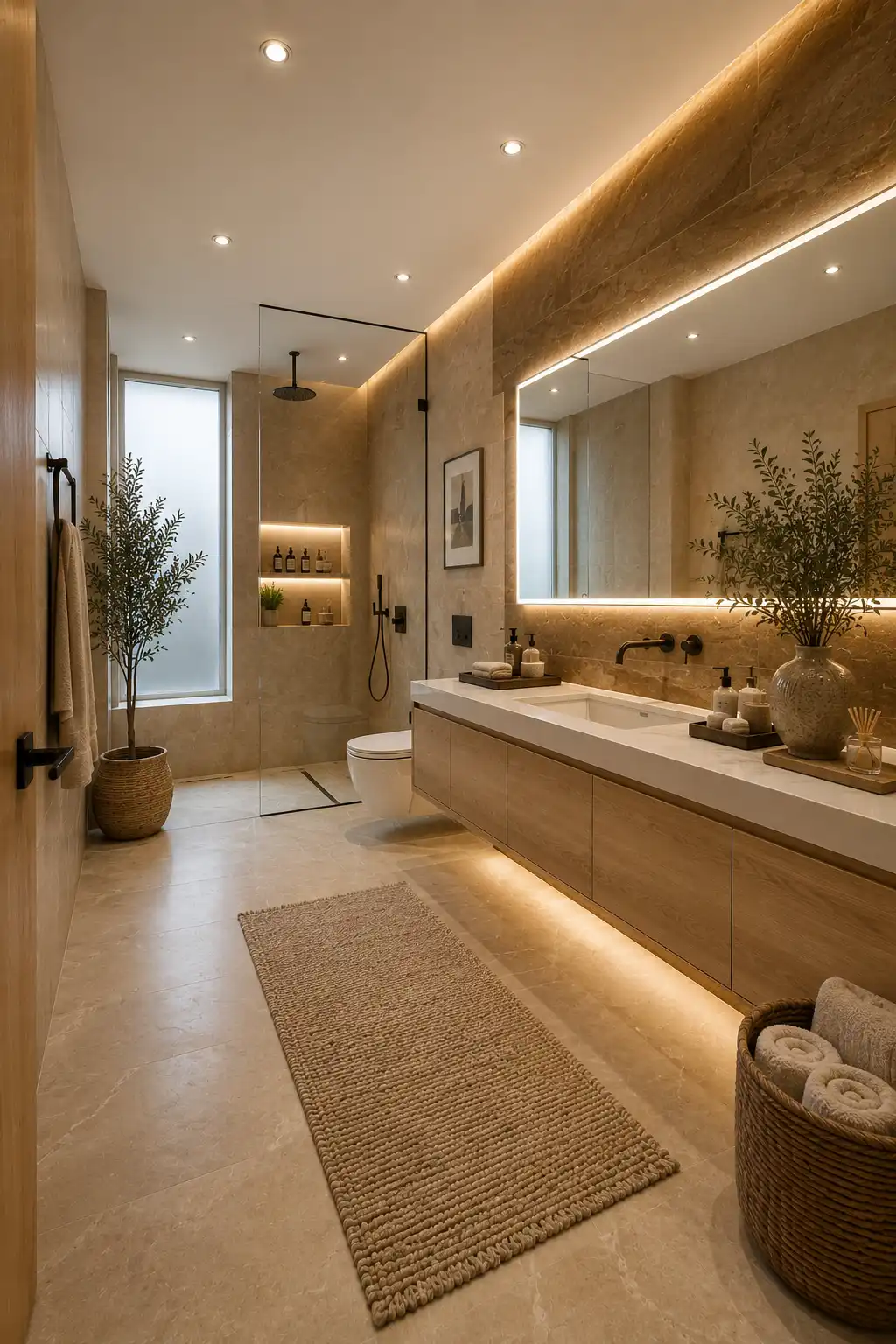 Modern mocha and white earth tone bathroom featuring a floating walnut vanity, oversized illuminated mirror, frameless glass shower, matte black fixtures, warm stone look walls, built in storage, indoor plants, and luxury contemporary bathroom interior.