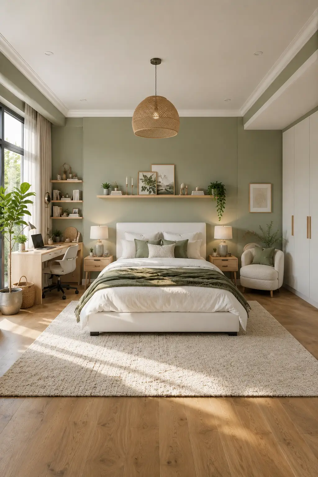 Modern sage green teen bedroom with soft green accent wall, white platform bed, warm wood furniture, floating shelves, cozy study desk, woven pendant light, indoor plants, plush rug, and calming contemporary bedroom design.