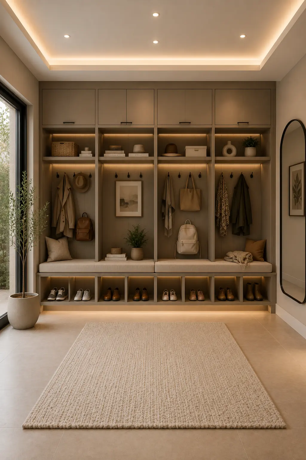 Contemporary family mudroom lockers with custom built in storage, illuminated shoe cubbies, upholstered bench, full height cabinets, matte black coat hooks, woven baskets, porcelain flooring, and organized entryway storage for busy households.