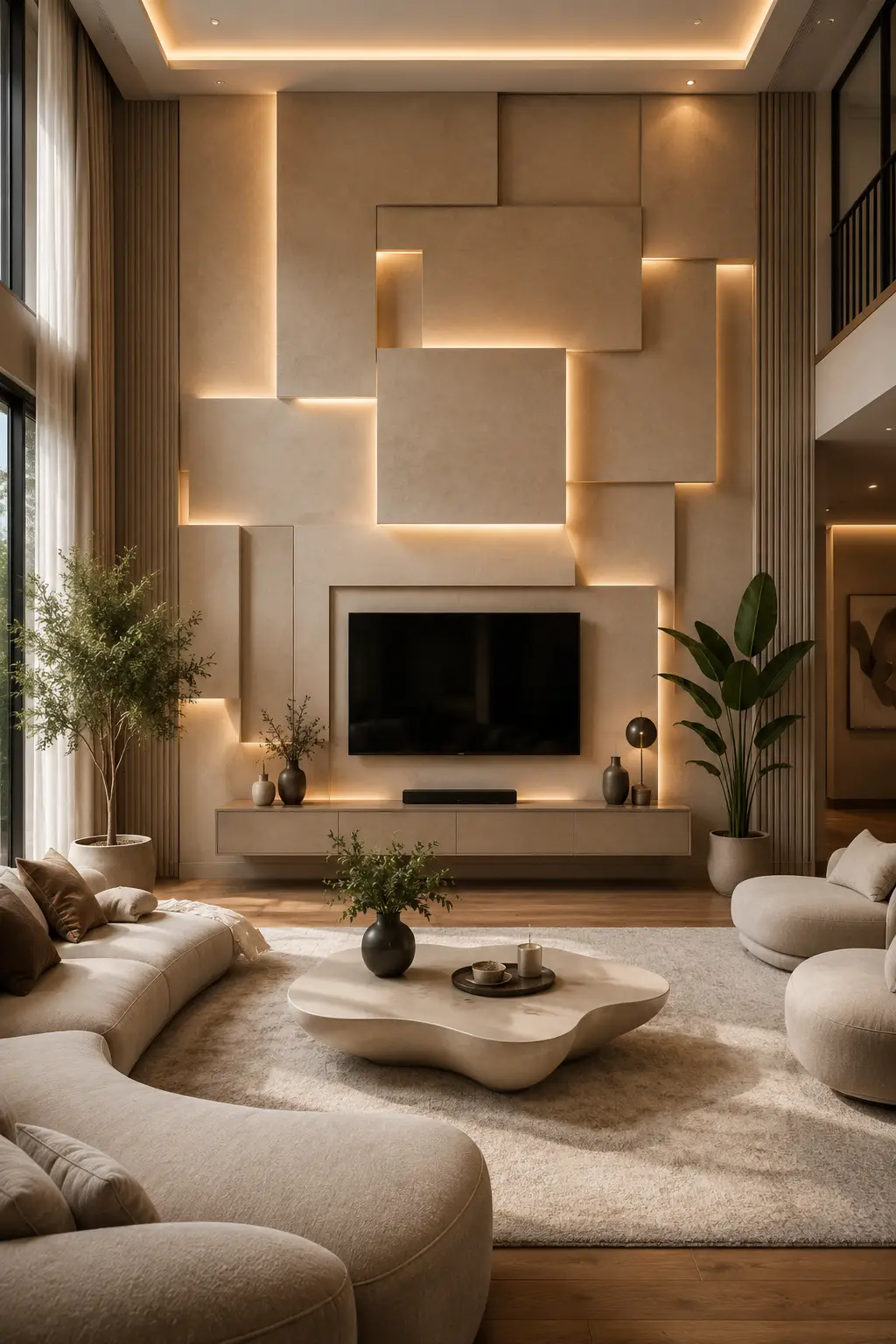Geometric layered 3D TV wall featuring floating architectural panels, concealed warm LED lighting, floating media cabinet, textured neutral finishes, custom built designer wall, and a luxurious contemporary living room with elegant modern décor.