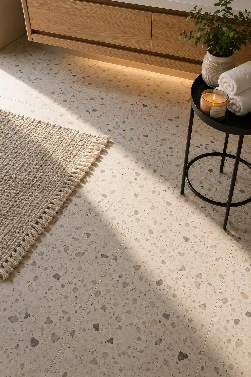 Light terrazzo bathroom flooring with subtle stone chips, floating oak vanity, woven bath rug, decorative stool, rolled towels, warm natural lighting, and stylish modern small bathroom flooring inspiration on a budget.