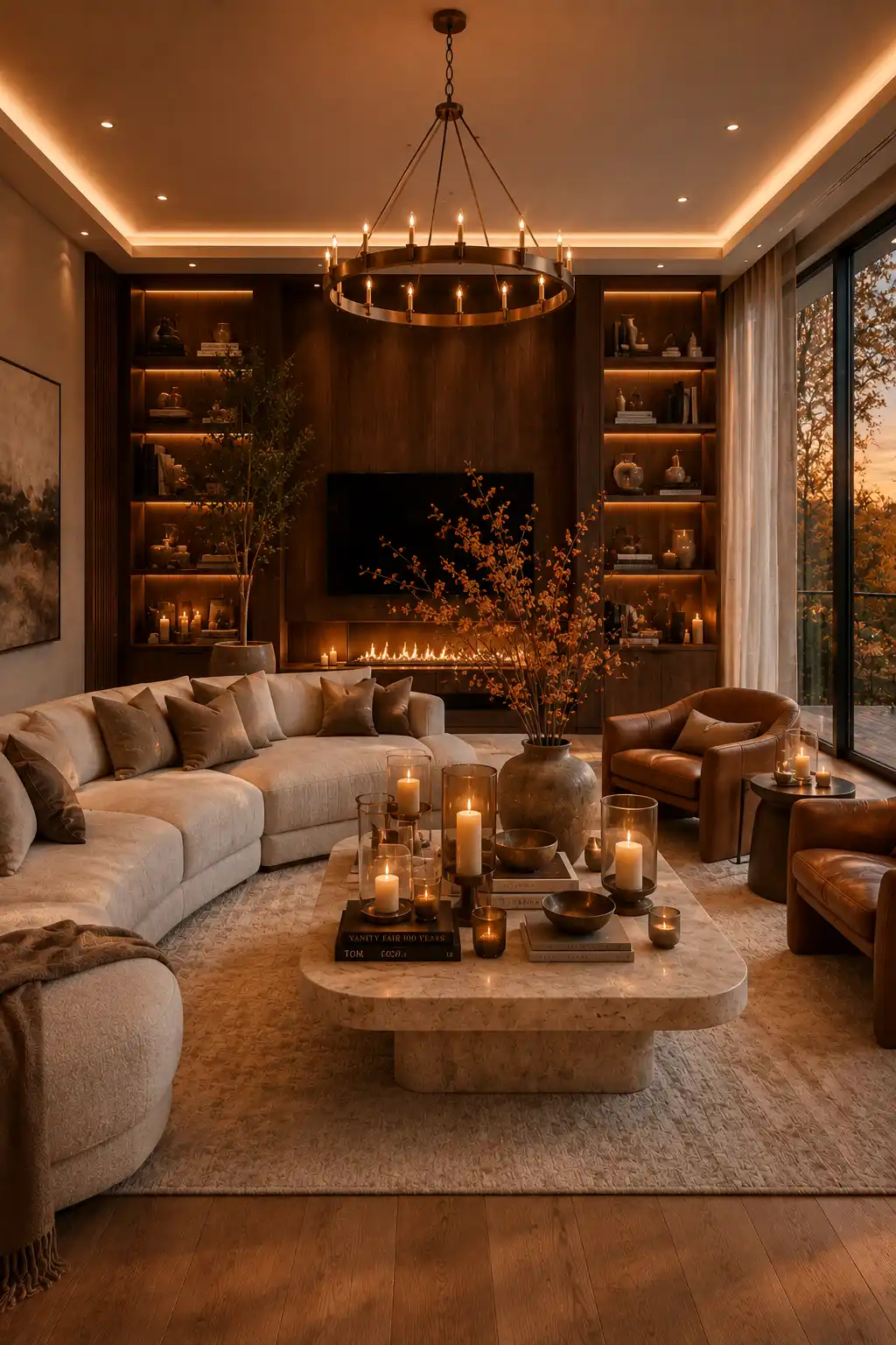 Luxury candlelit fall living room with a curved cream sectional sofa, modern linear fireplace, sculptural travertine coffee table, pillar candles in glass hurricanes, cognac leather accent chairs, walnut built in shelving, autumn branches, bronze chandelier, warm ambient lighting, cozy luxury home decor inspiration.