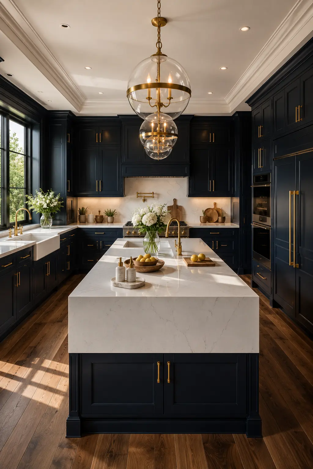 Luxury deep navy and warm white kitchen with navy shaker cabinets, white quartz waterfall island, brushed brass hardware, walnut hardwood flooring, integrated appliances, oversized windows, and an elegant designer kitchen color palette for 2026.